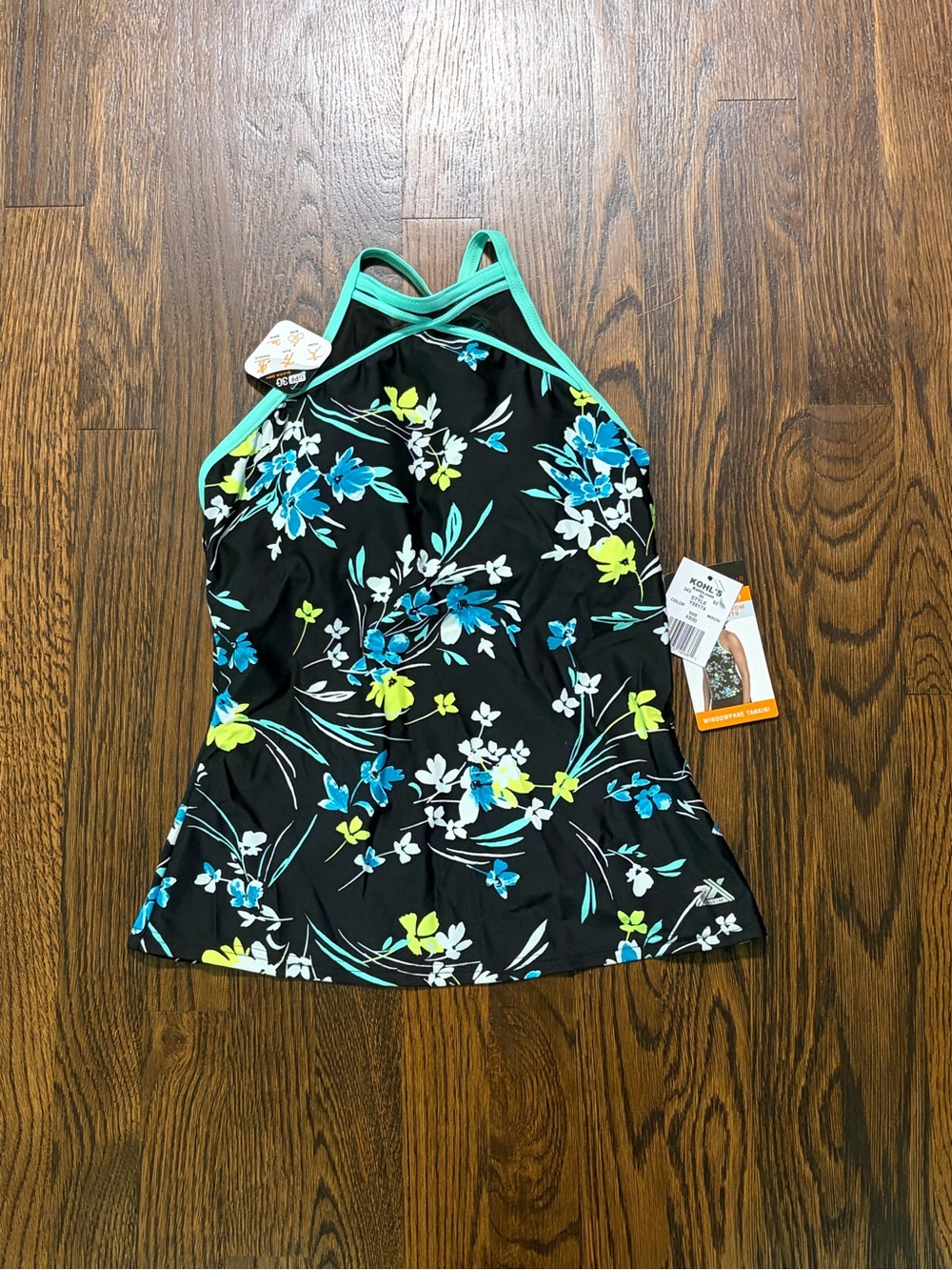 NWT ZeroXposur Tankini Swim Top XS (6) UPF 30+ Quick Dry Floral Black Halter